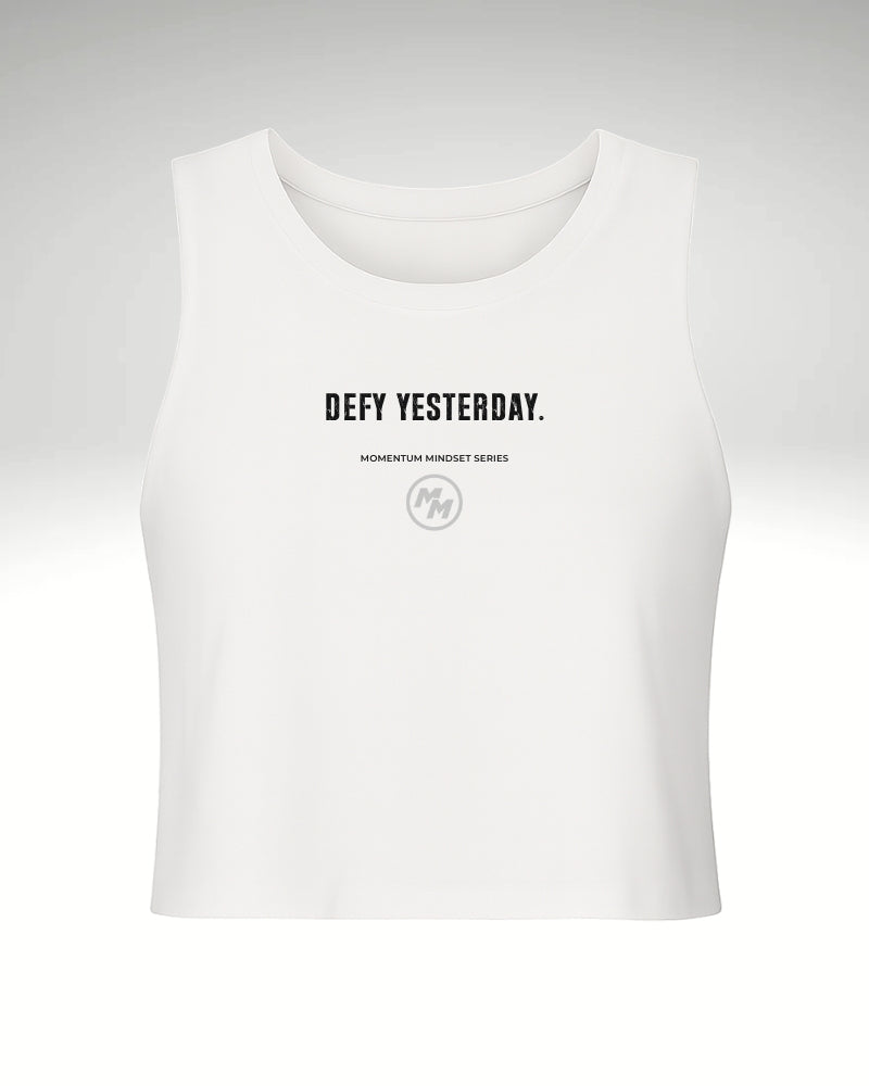 DEFY YESTERDAY.  Racerback Cropped Tank, Front Print